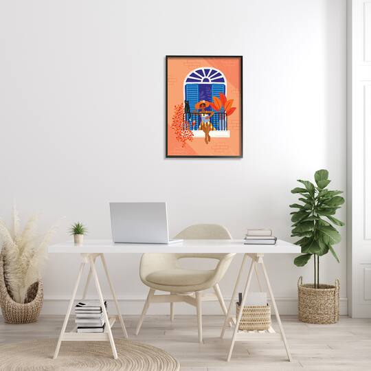 Stupell Industries Woman Reading Balcony Perched Cat Tropical Plants in Frame Wall Art